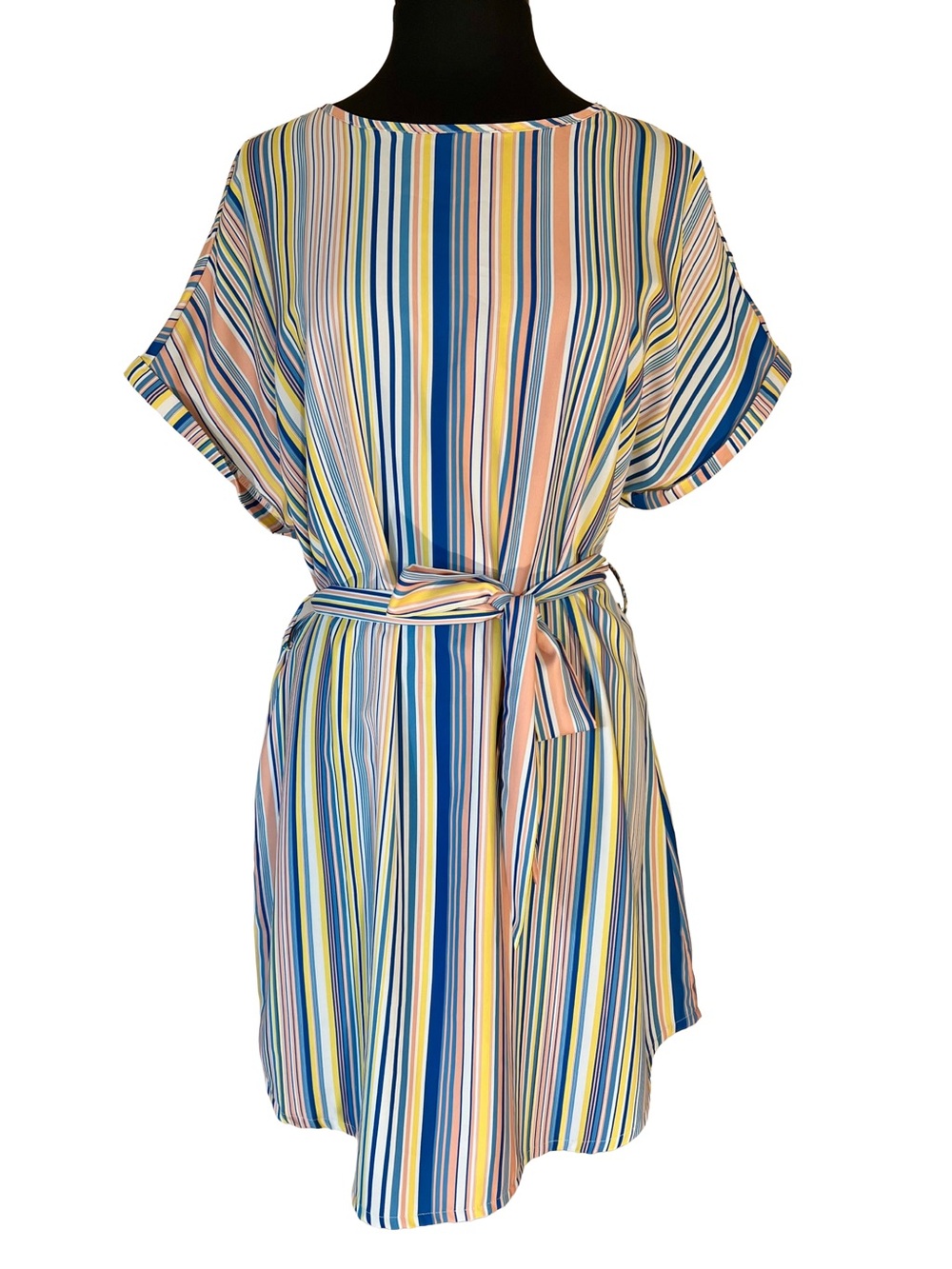 Blue, Yellow & Peach Striped Tie-Waist Mini Dress